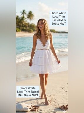 Shore White Lace-Trim Tassle Mini Dress NWT